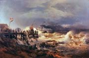 departure of a steamer in a storm